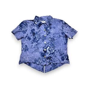 Y2K K Petite Blue Floral Rayon Crepe Button Front Collared Blouse Size 6p